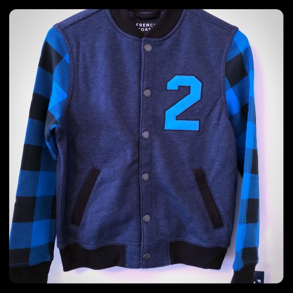 Varsity Jacket sz 10-12 French Toast Plaid Black Gray Fleece Boys
